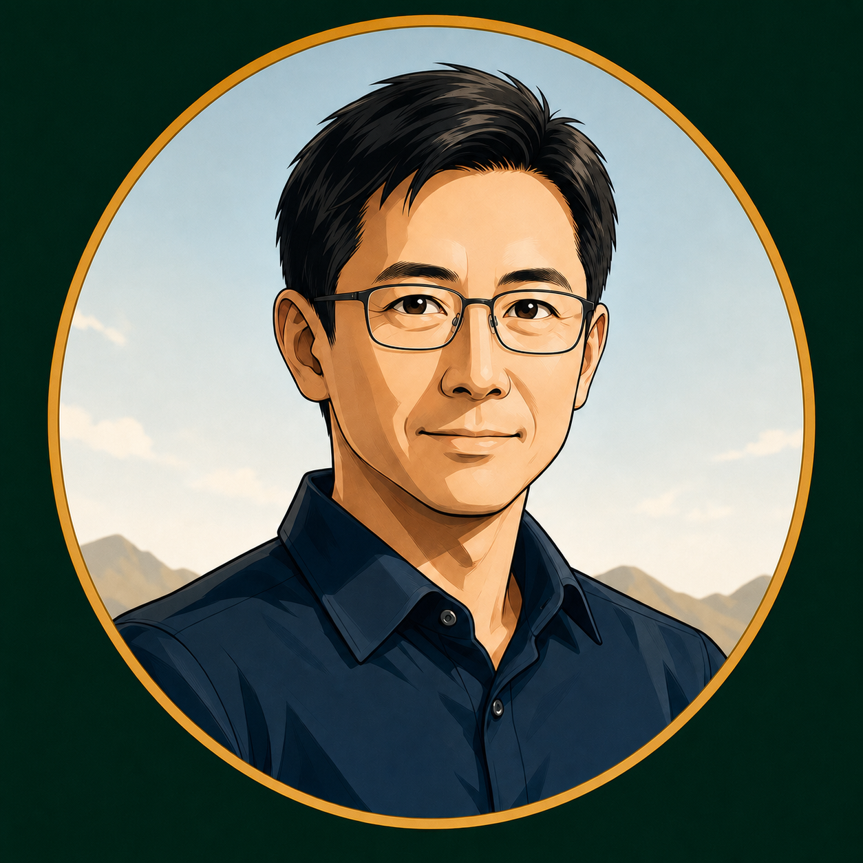 Bin Li manga-style avatar with glasses